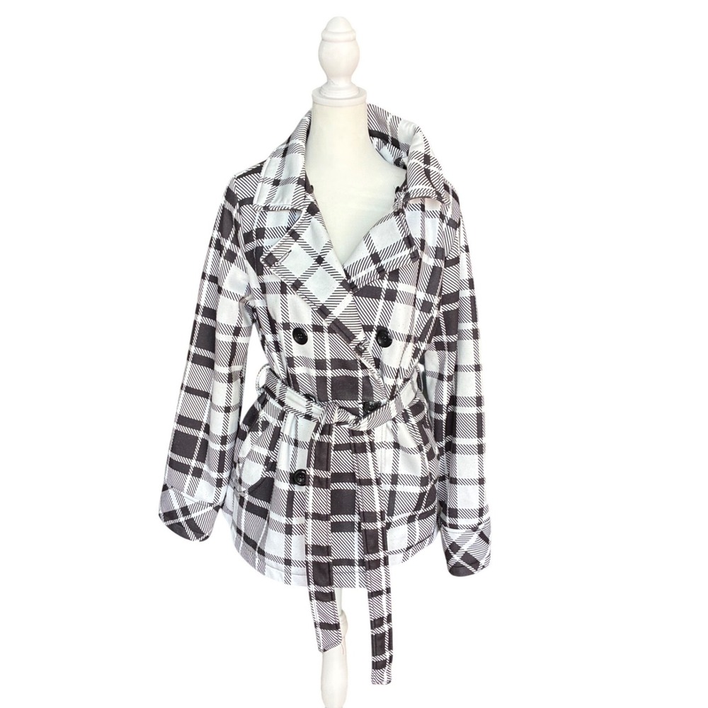 Maralyn & Me Womens Black White Plaid Double Breasted Belted Peacoat Jacket L